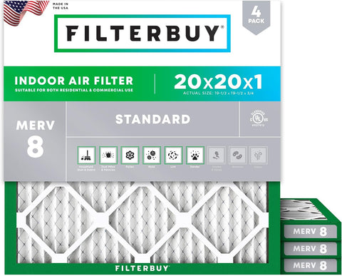 Filterbuy 20x20x1 Air Filter MERV 8 Dust & Allergy Defense (4-Pack)
