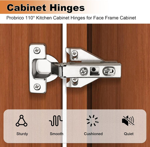 Probrico Soft Opening Kitchen Cabinet Hinges 10 Pair (20 Pack), Brushed Satin Nickel Face Frame Mounting Concealed Hinges for Kitchen Cupboard Hardware, with Mounting Screws