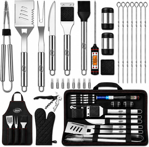 Kaluns Grilling Accessories, Dad Gifts for Christmas, Heavy Duty Stainless Steel Grill Set BBQ Grill Accessories for Outdoor Grill with Meat Thermometer, Case and Apron