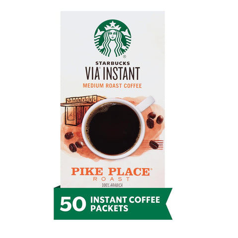Starbucks VIA Instant Coffee, Medium Roast Coffee, Pike Place Roast, 100% Arabica, Single-Serve, 1 Box (50 Packets) | 100% Arabica instant coffee packets; Pike Place Roast medium roast; 1 box, 50 packets