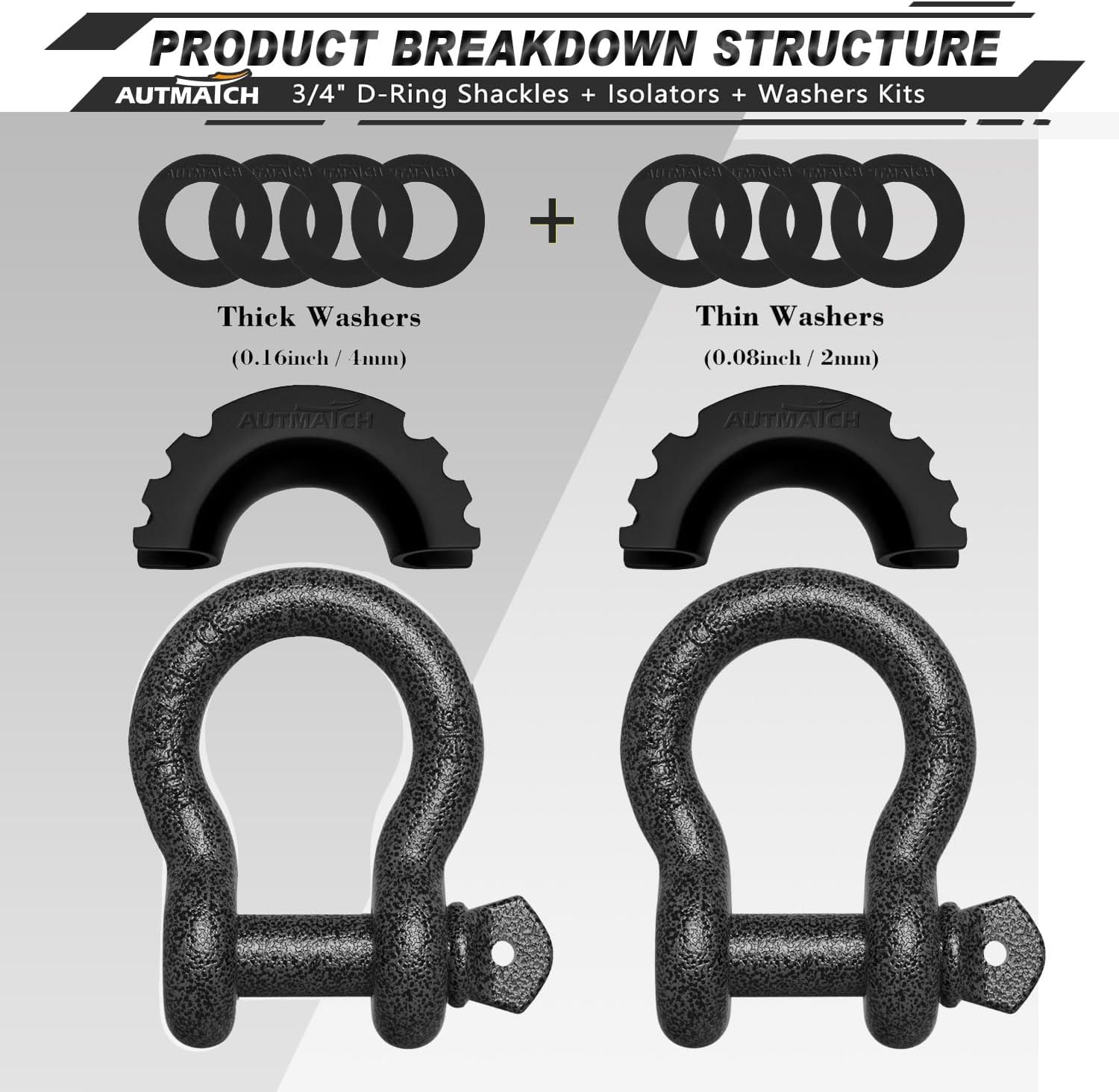 AUTMATCH 3/4" D Ring Shackles (2-Pack) - 41,887 lbs Break Strength