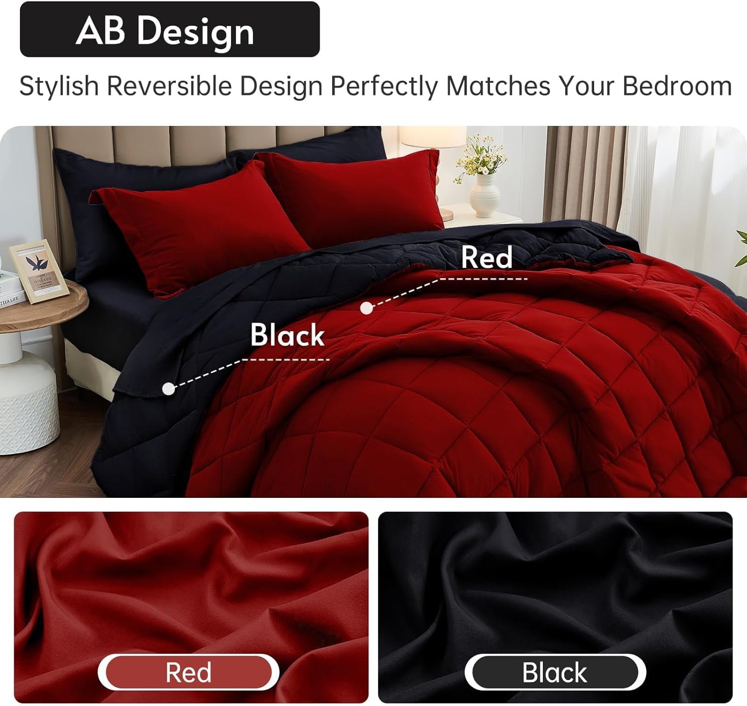 MUXHOMO 7 Pieces Queen Comforter Set, Reversible Bed in a Bag Queen Size, All Season Bedding Set with Comforter, Flat Sheet, Fitted Sheet, Pillowcases & Shams, Red & Black