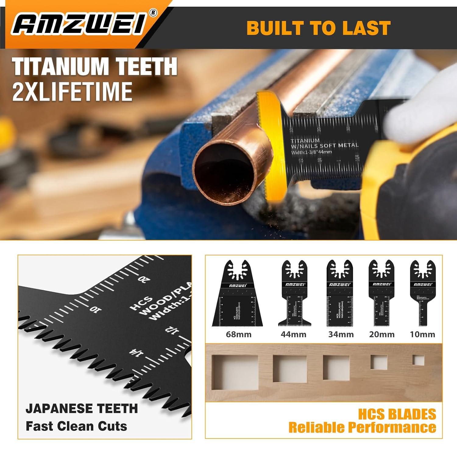 AMZWEI 190 Metal Wood Oscillating Tool Blade, Titanium Oscillating Saw Blades with Sandpaper, Quick Release Multi Tool Blades Kits Compatible with Dewalt Ryobi Milwaukee Rockwell Fein Makita