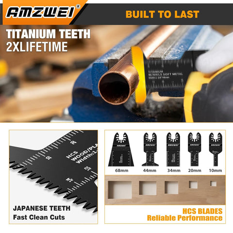 AMZWEI 190 Metal Wood Oscillating Tool Blade, Titanium Oscillating Saw Blades with Sandpaper, Quick Release Multi Tool Blades Kits Compatible with Dewalt Ryobi Milwaukee Rockwell Fein Makita