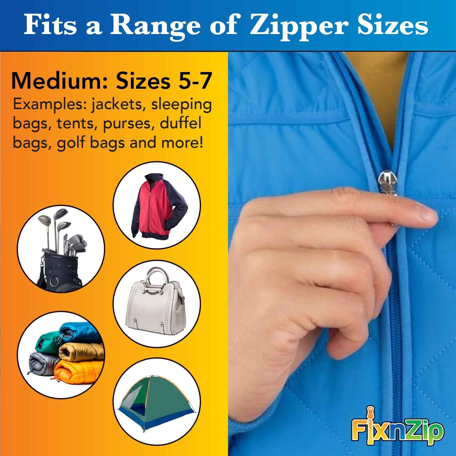 FixNZip Medium Black Nickel Zipper Repair Kit | Universal No-Sew Slider Replacement for Jackets, Sleeping Bags, Tents, and Duffel Bags | Instant and Reusable Zipper Repair Tool | Sizes 5-7