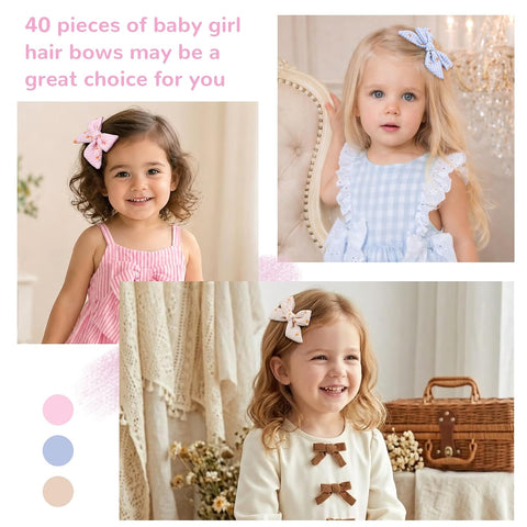 CÉLLOT 40 Pieces Girls Hair Bows 3 inches Linen Fabric Bows Alligator Clips Hair Accessories for Baby Girls Toddlers Kids and Teens