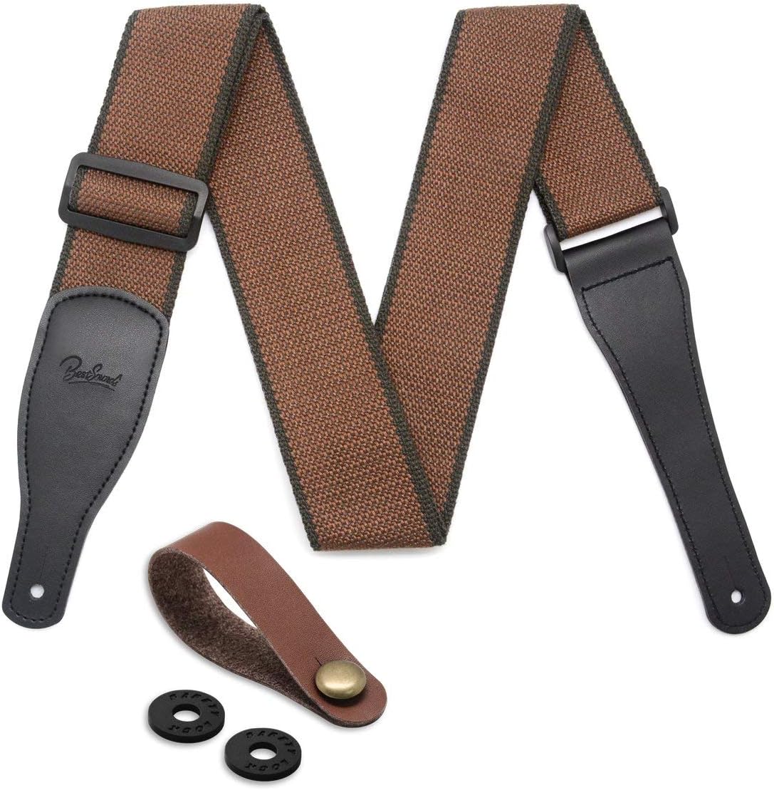 BestSounds Acoustic Guitar Strap, Soft Cotton & Leather Ends Strap for Electric & Bass Guitars come with 1 Button & 2 Locks