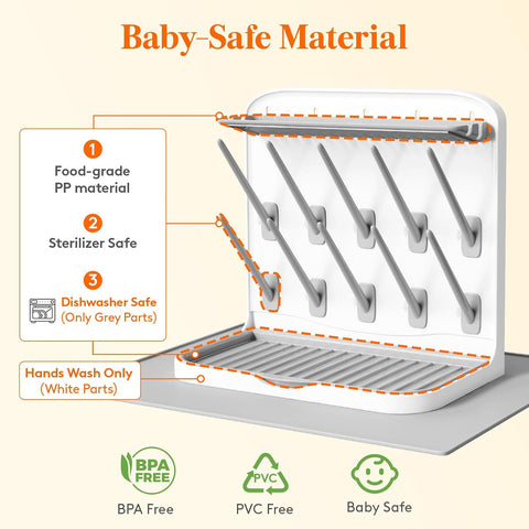 Lifewit 10-Hooks Baby Bottle Drying Rack with Drain Mat for Countertop
