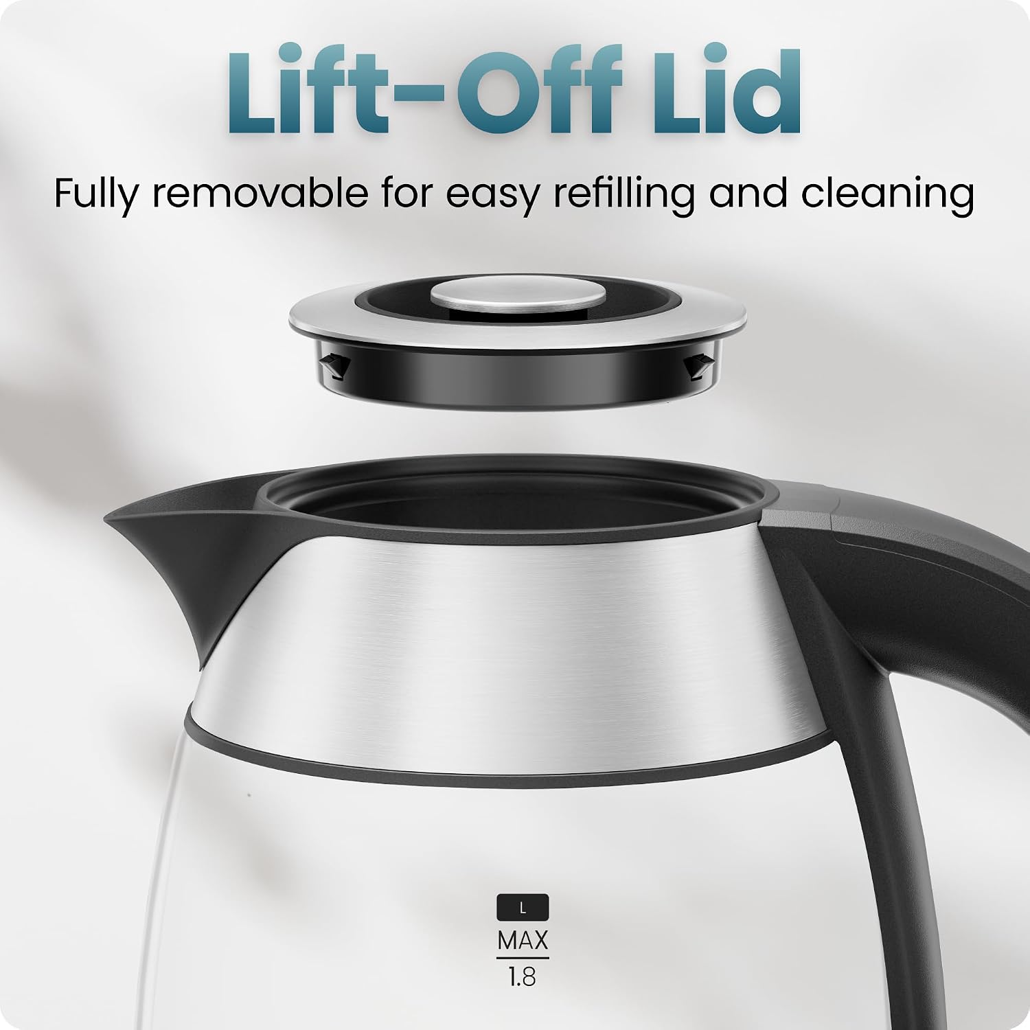 Chefman Electric Kettle 1500W, 1.8L Hot Water Boiler, Removable Lid for Easy Cleaning, LED Indicators, Auto Shutoff & Boil-Dry Protection, Borosilicate Glass Electric Tea Kettle – Stainless Steel