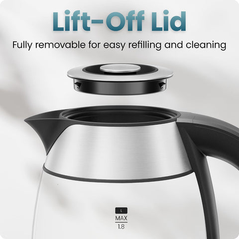 Chefman Electric Kettle 1500W, 1.8L Hot Water Boiler, Removable Lid for Easy Cleaning, LED Indicators, Auto Shutoff & Boil-Dry Protection, Borosilicate Glass Electric Tea Kettle – Stainless Steel