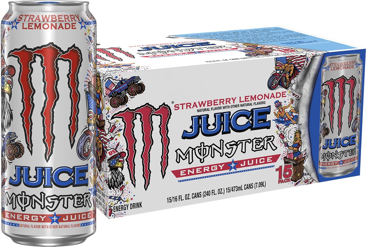 Monster Energy Juice Strawberry Lemonade, Energy + Juice, Energy Drink, 16 Ounce (Pack of 15)