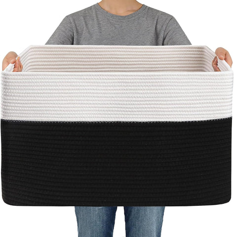 JMvicyroam 96L Large Woven Cotton Rope Blanket Basket, White&Black