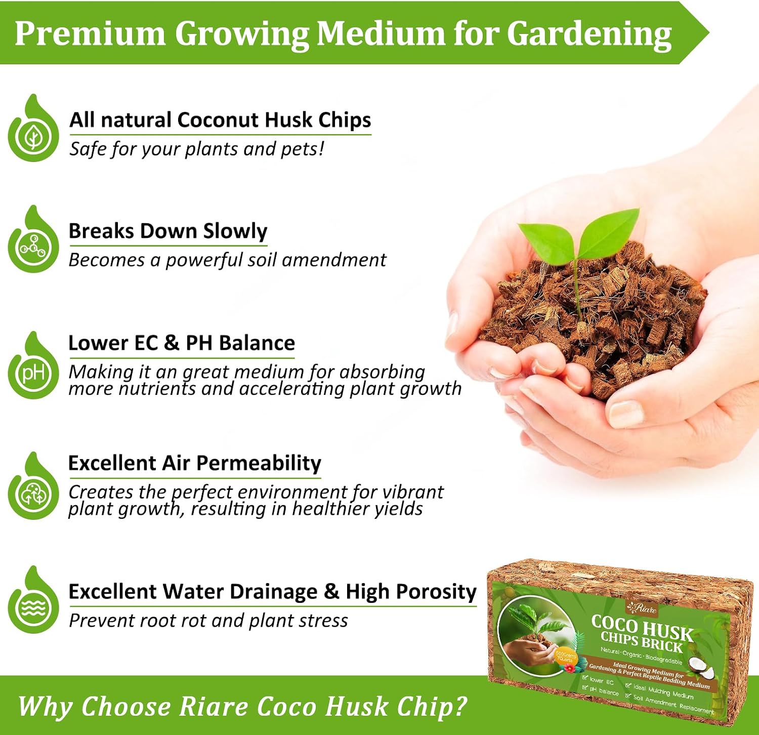 Riare 8 Pack Organic Coco Coir Chips for Plants, 8.8 lb Coconut Husk Bricks