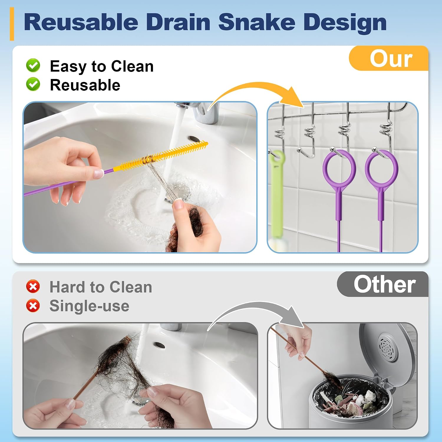 Drain Snake 35-Inch, Reusable Drain Clog Remover for Shower Drain, 5 Pack