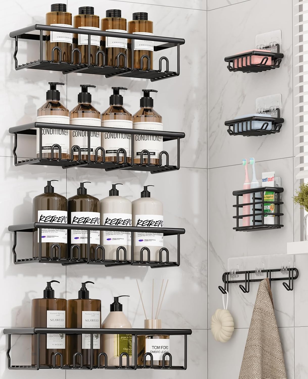 8 Pack Adhesive Large Capacity No-Drilling Shower Caddy, Black