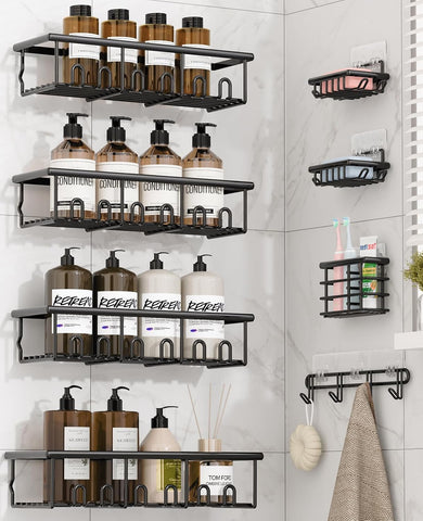 8 Pack Adhesive Large Capacity No-Drilling Shower Caddy, Black