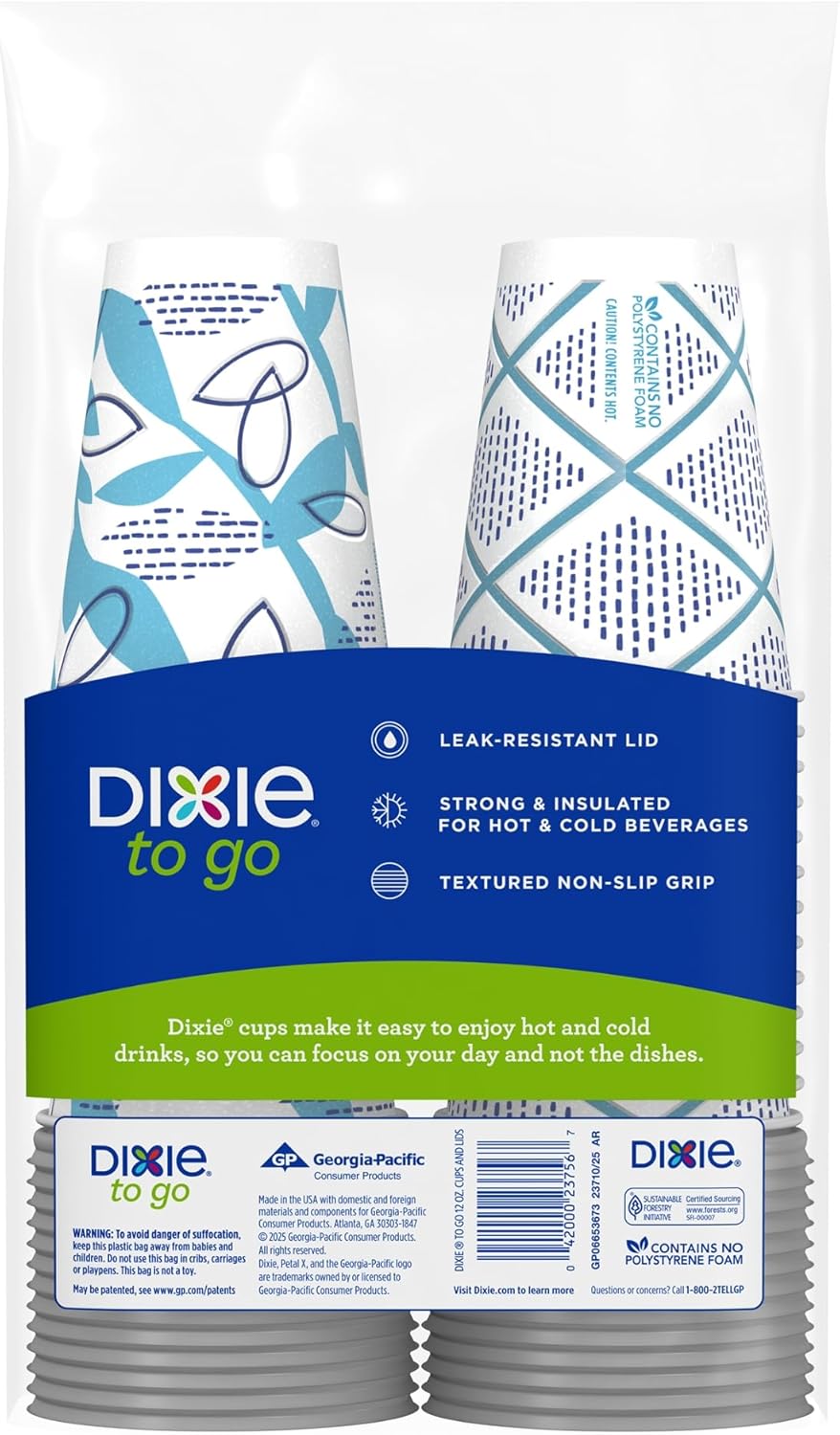 Dixie To Go Paper Coffee Cups With Lids, 12 oz, 156 Count (6 packs of 26 cups), Disposable Insulated Paper Cups for On-The-Go Hot or Cold Beverages