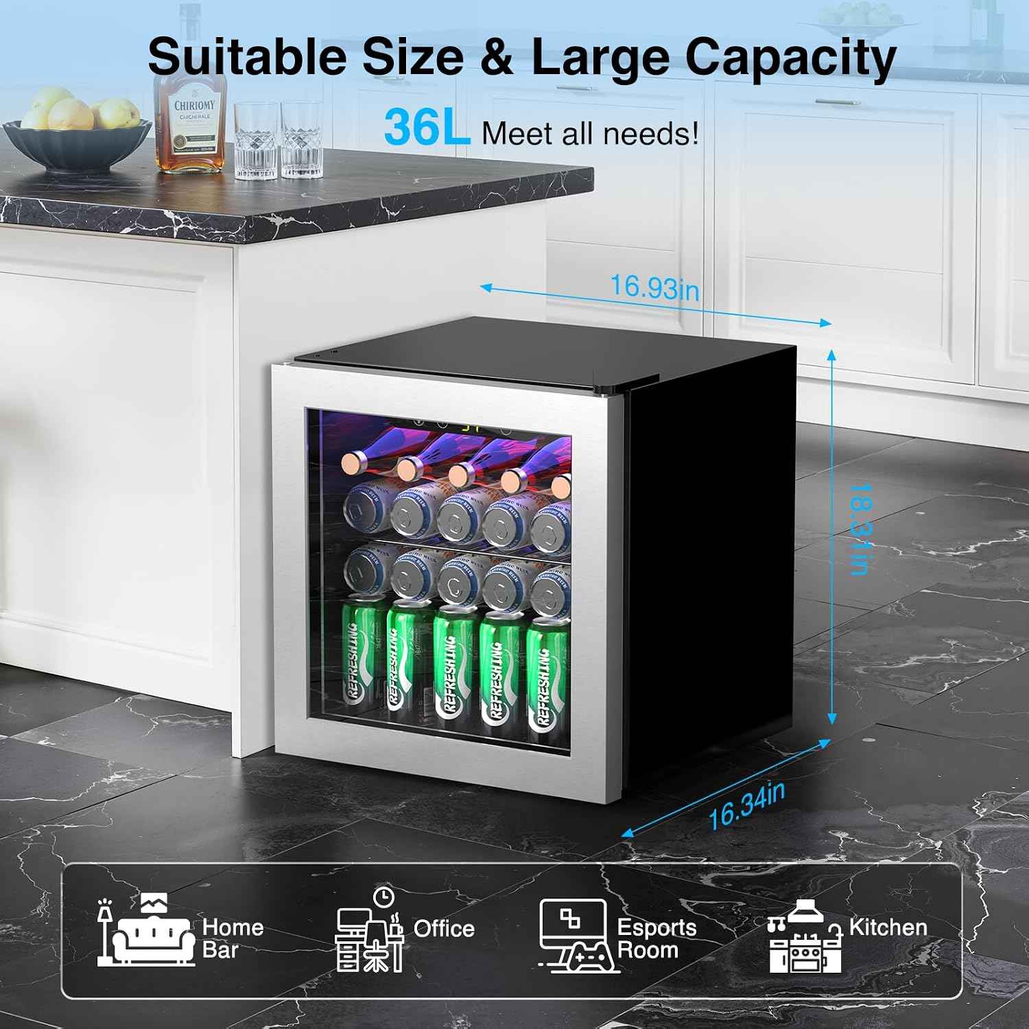 Kismile Beverage 36L Refrigerator Cooler Mini Fridge,1.3 Cu.Ft Drink Fridge for 12 Bottle 50 Can with Quiet Compressor,LED Light,Electronic Temperature Control for Home/Bar/Office