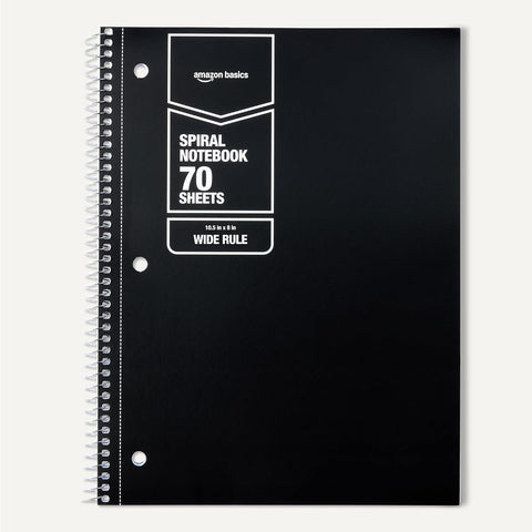 Amazon Basics Wide-Ruled Spiral Notebooks, 8" x 10-1/2", 70 Sheets, Black, 2-Pack