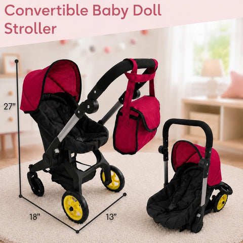 Baby Doll Car Seat Stroller Combo – Convertible 2-in-1 Doll Stroller and Car Seat for Kids | Fits Up to 20” Dolls | Play Toy Baby Stroller with Adjustable Handle for Young Girls Ages 3+ (Maroon)