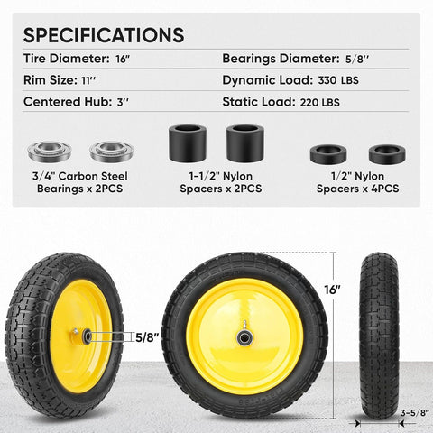TICONN 4.80/4.00-8 Tire, 16" Flat Free Wheelbarrow Tire and Wheel