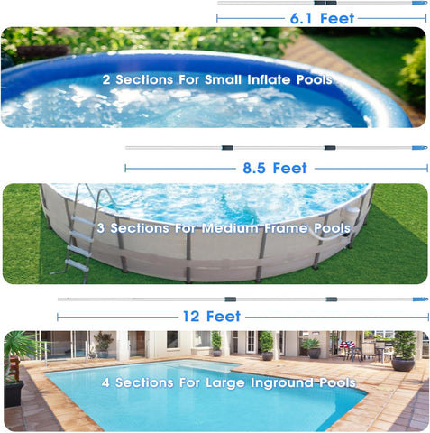 TidyMister 12 FT Heavy Duty Pool Pole with Retriever Hook, Prime Telescopic Aluminum Standard Pole for Swimming Pool Cleaning Tools Connect with Pool Net Skimmers, Brushes, Vacuum Heads
