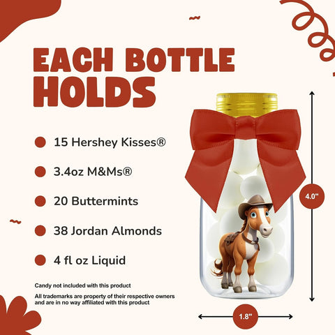 Ethisa Small 12 Pack Horse Party Favors - DIY Candy Jars with Ribbons and Stickers - Cowboy Party Decoration Bottles for Birthday, School Classroom, and Baby Shower - Horse Racing Table Centerpiece