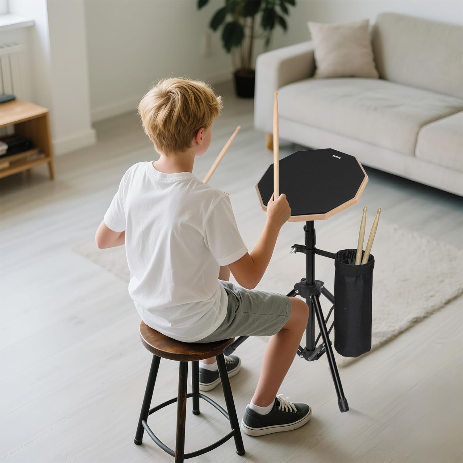 12 Inch Practice Drum Pad with Stand and Sticks, Beginner Snare Drum Pad with Drumsticks and Carrying Bag, Double Sided Silent Drum Pad (Black)