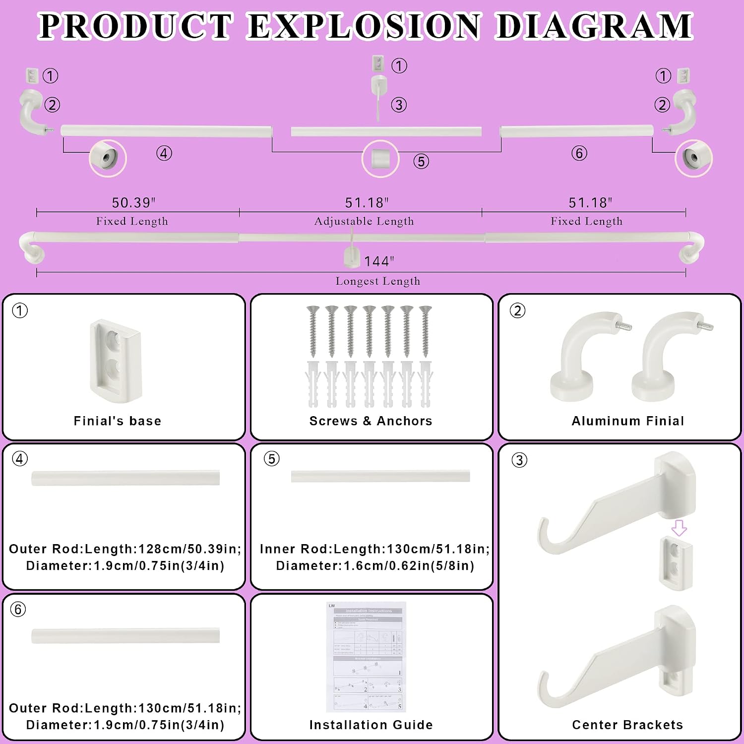 White Disc Curtain Rods, 84-144 Inches Window Curtain Rod,Adjustable Room Darkening Drapery Rod with Aluminum Finials and Brackets,Wrap Around Design