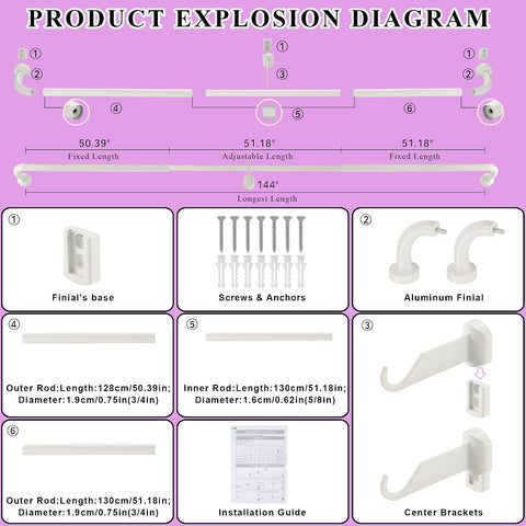 White Disc Curtain Rods, 84-144 Inches Window Curtain Rod,Adjustable Room Darkening Drapery Rod with Aluminum Finials and Brackets,Wrap Around Design