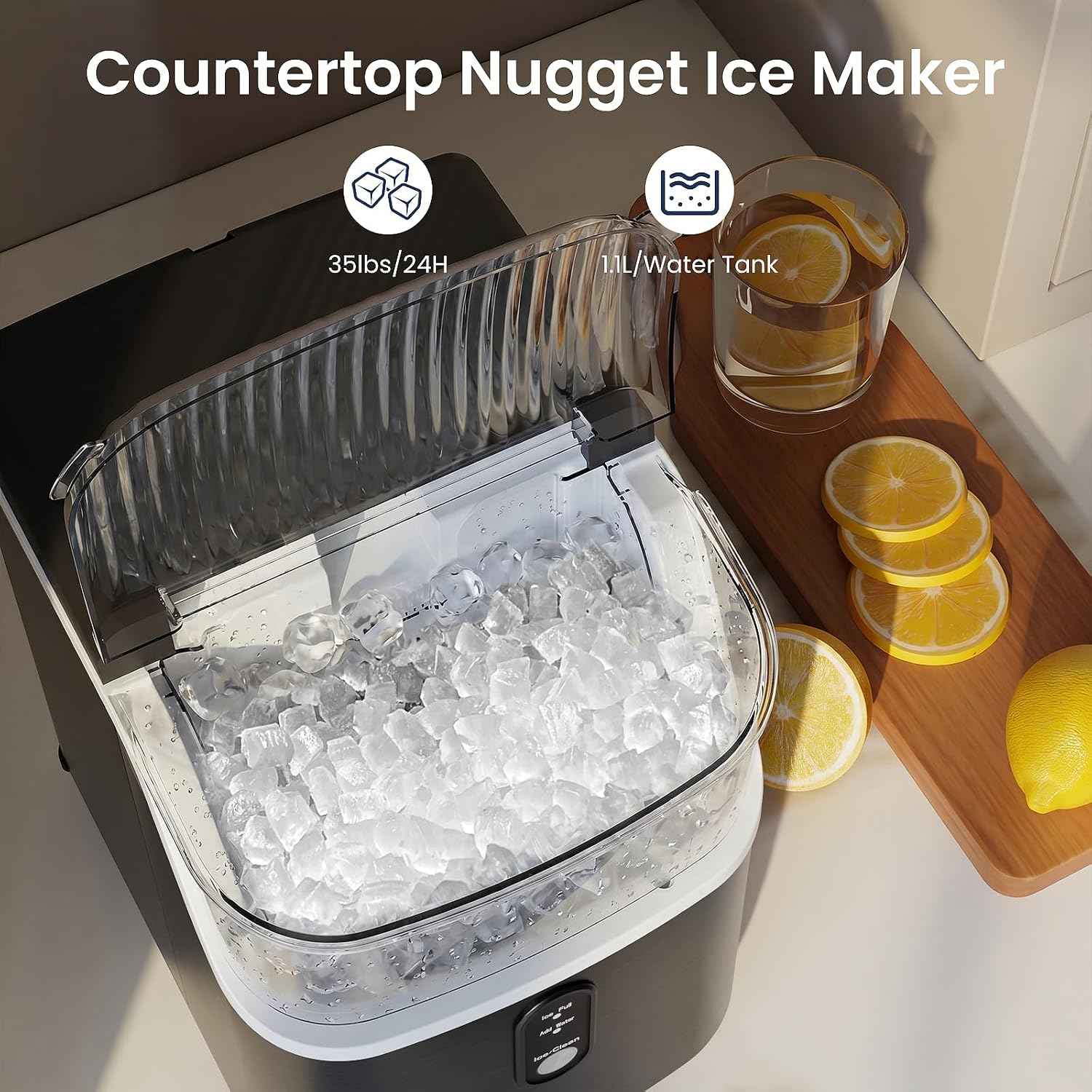 Antarctic Star Nugget Ice Makers Countertop with Handle, 35lbs/Day, Portable Sonic Ice Machine with Auto-Cleaning, Basket and Scoop for Home/Kitchen/Office/Camping(Stainless Steel Silver)