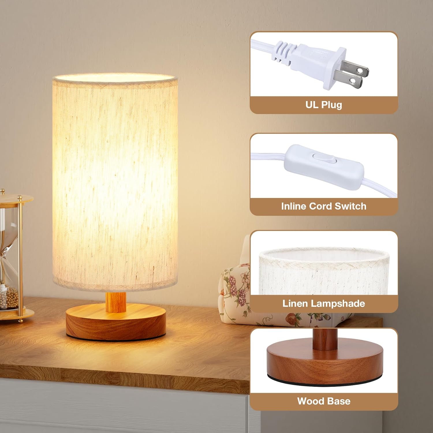 Desk Small Lamps Set of 2 (Cream Shade - Walnut Base, 9" Inline Control)