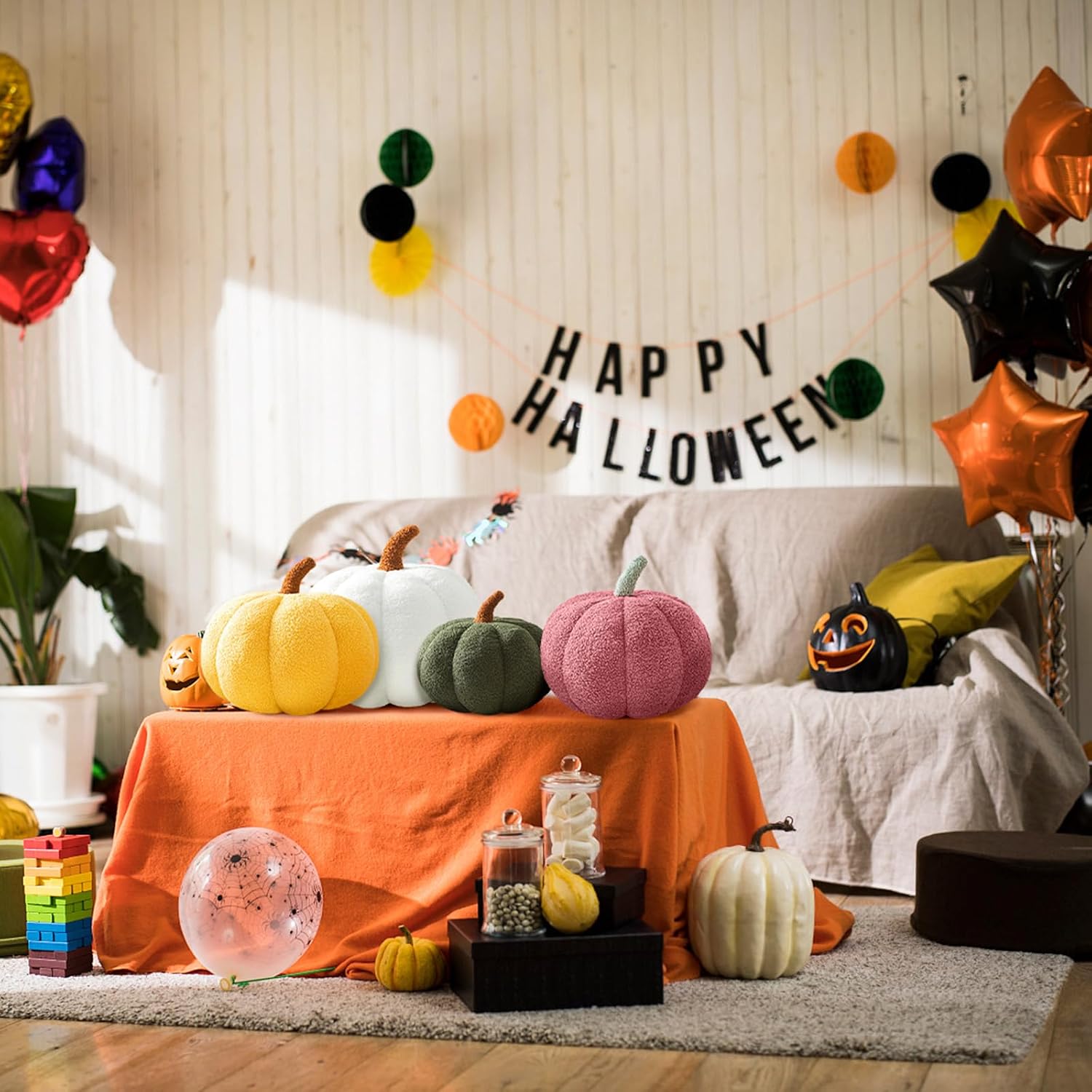 Plush Pumpkin Throw Pillows for Fall Party Decoration Happy Hallween Decoration Pillow Sofa Lumbar Cushion for Home Car Bedroom Living Room,Caramel,13.78"