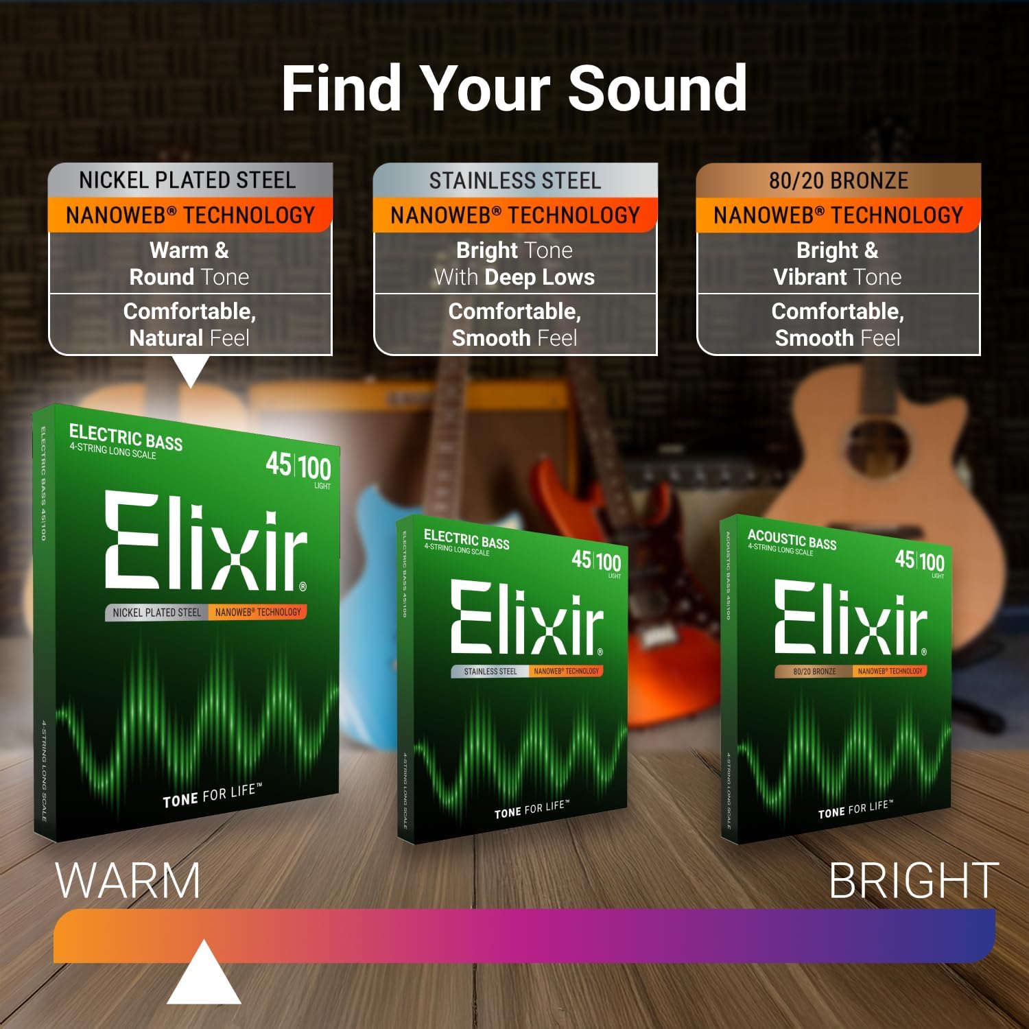 Elixir Strings, Electric Bass Guitar Strings, Nickel Plated Steel with NANOWEB Technology, Longest-Lasting Warm Tone with Comfortable Feel, 4-String Set, Long Scale, Light/Medium 45-105