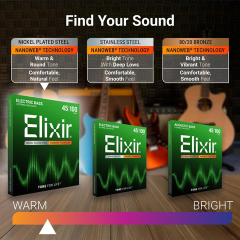Elixir Strings, Electric Bass Guitar Strings, Nickel Plated Steel with NANOWEB Technology, Longest-Lasting Warm Tone with Comfortable Feel, 4-String Set, Long Scale, Light/Medium 45-105