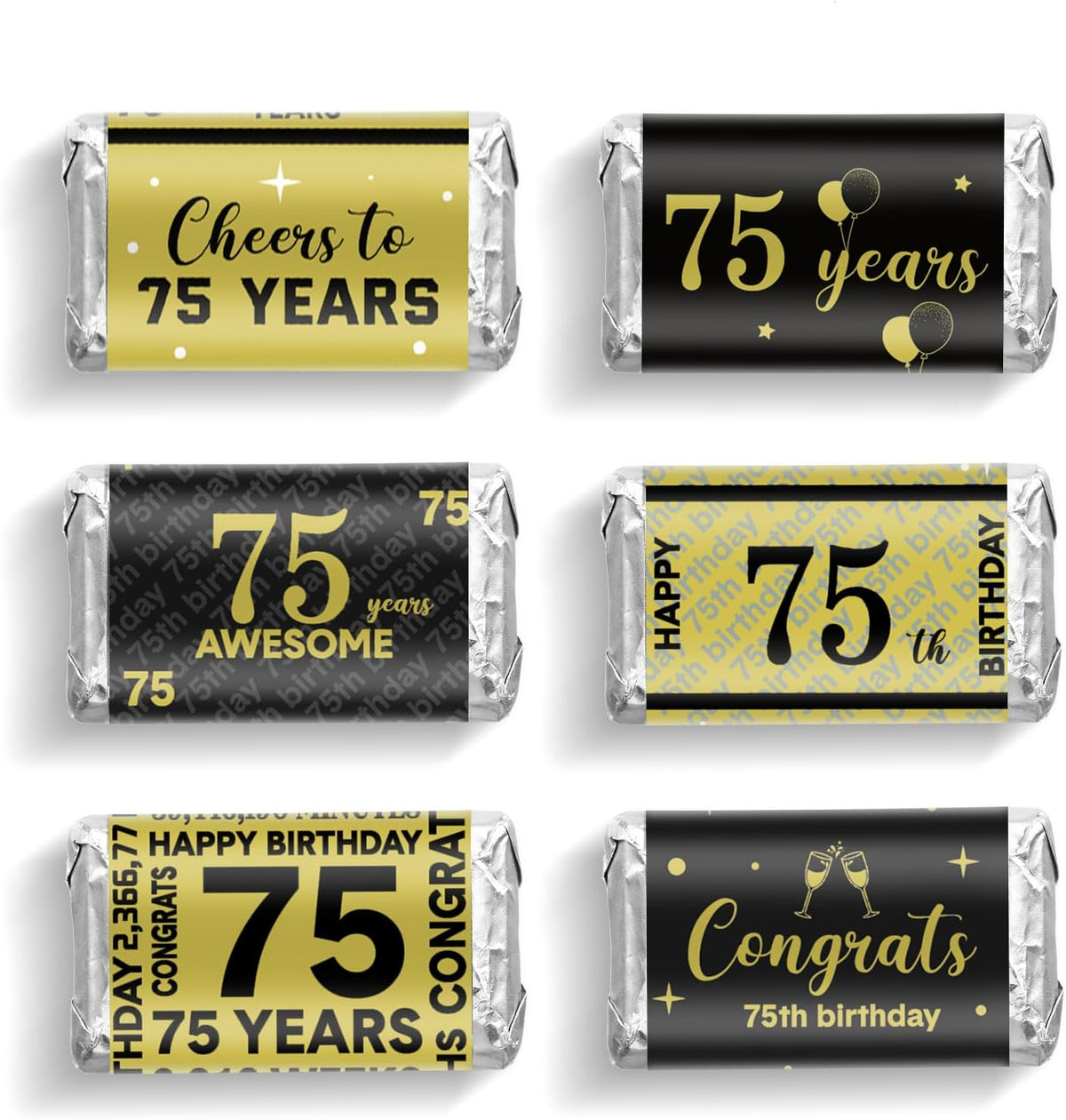 Tenare 90 Pcs 75th Birthday Candy Wrappers, Black and Gold Stickers