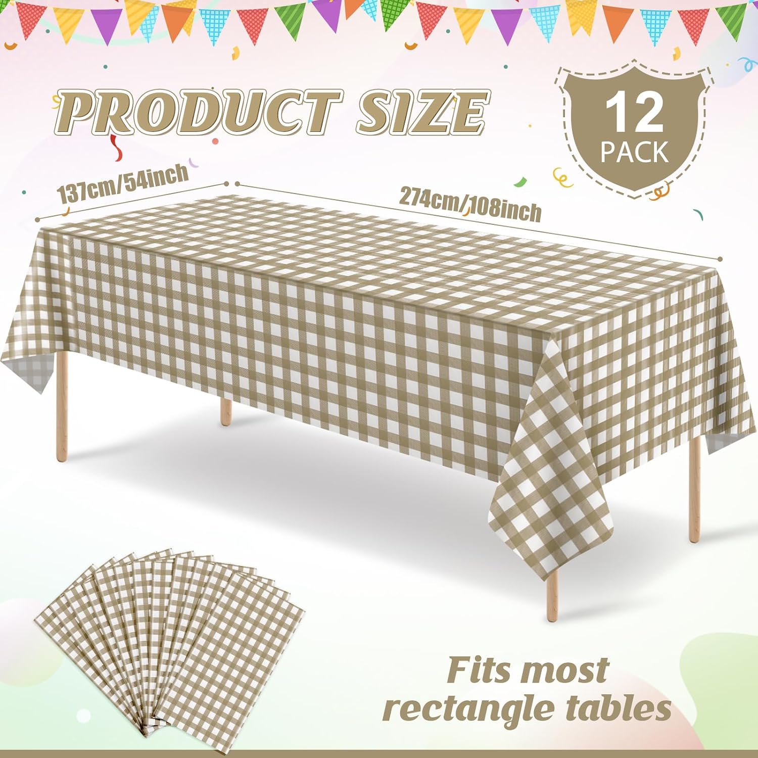 12Pcs Brown Gingham Tablecloths, Checkered Party Table Covers 54x108 In
