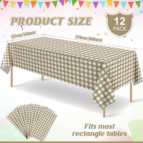 12Pcs Brown Gingham Tablecloths, Checkered Party Table Covers 54x108 In