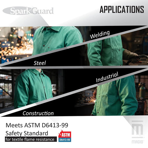 MAGID SparkGuard Flame Resistant Green Welding Jacket | 1 Jacket | 12 oz. Heavyweight 100% Cotton Sateen | ASTM D6413 | Men's | 2830