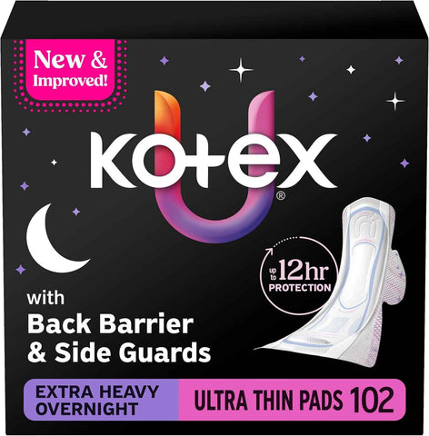 Kotex Ultra Thin Overnight Pads, Wings, Extra Heavy, 102 Count