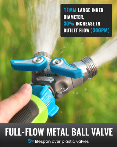RAINPOINT Garden Hose Splitter, 2 Way Heavy Duty Water Hose Y Spigot Splitter with Shutoff Valves, 100% Metal Body Outdoor Faucet Splitter, 1.9" Extra Long Metal Handle, 3/4" GHT Thread (2, Green)