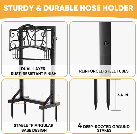 Heavy-Duty Garden Hose Holder with Storage Basket and Tool Hooks, Stable Hose Hanger Metal Garden Hose Storage Holds 160Ft, Rustproof Freestanding Water Hose Holder for Outside,Yard,Lawn,Farm