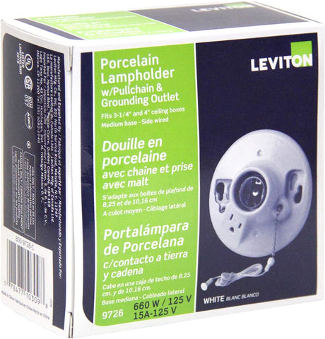 Leviton One-Piece Glazed Porcelain Outlet Box Mount, Incandescent Lampholder, Pull Chain, Top Wired, 9726-C, White