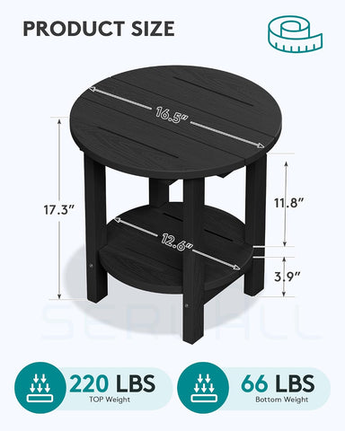 SERWALL Round Outdoor Side Table, HDPE Small Adirondack End Table, Black