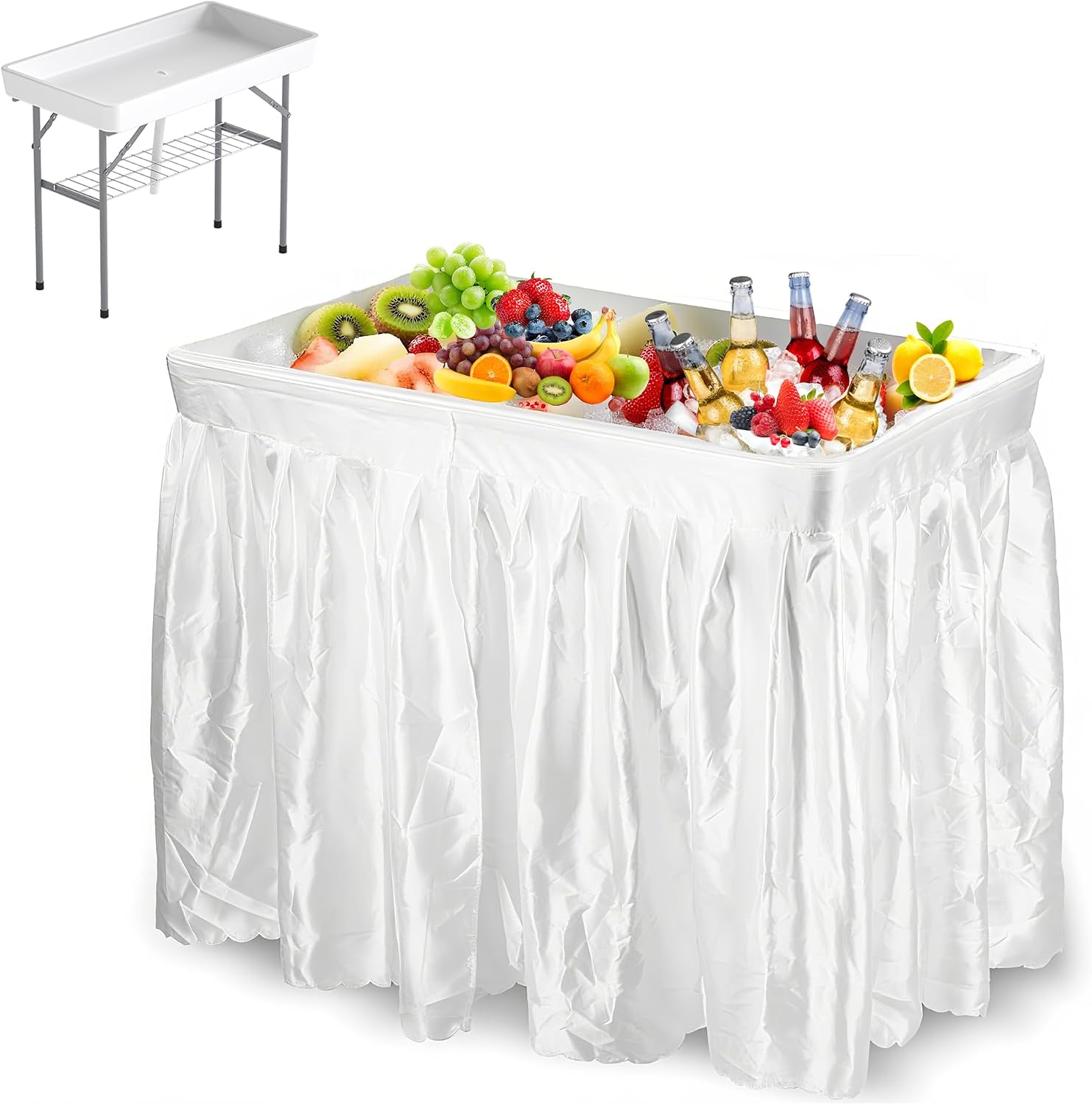 LHBcraft 4 Foot Folding Party Ice Cooler Table, Portable Tailgate Camp Fishing Cleaning, Ice Table with Matching Skirt & Drain Hose, Cooler for Events for Party, Picnic, BBQ, Camping, White