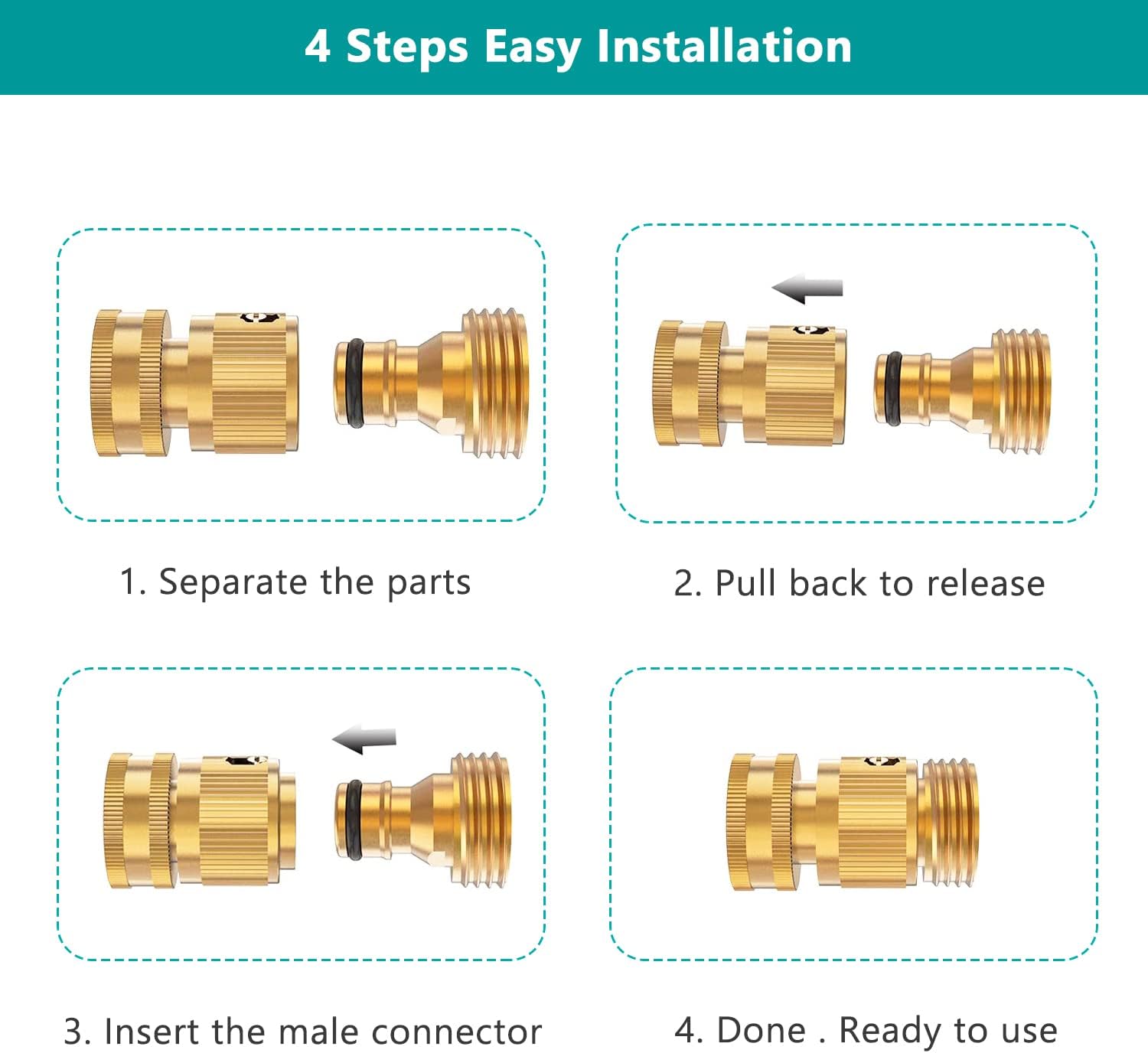 FINEST+ Garden Hose Quick Connector, Solid Brass 3/4 Inch Thread Fitting No-Leak Water Hose Female and Male Easy Connect (6 Sets)