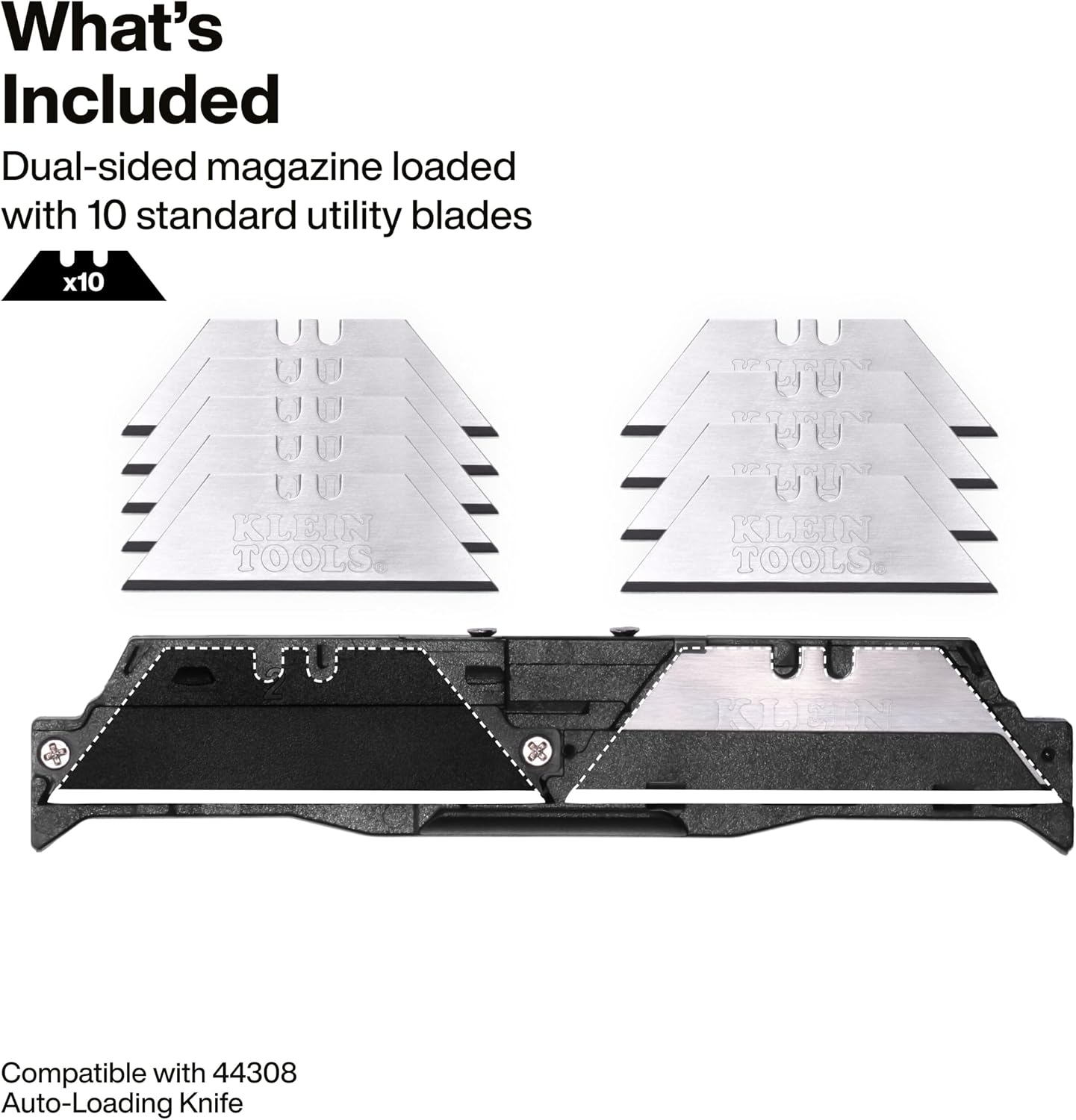 Klein Tools 44308BL Dual-Sided Blade Magazine, 10-Pack, Standard and Hook Blades, Quick-Release Magazine, Auto Reload, Universal Compatibility