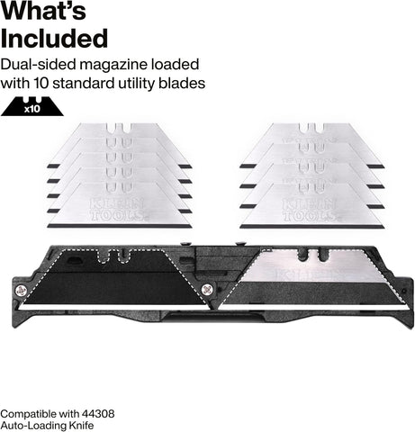 Klein Tools 44308BL Dual-Sided Blade Magazine, 10-Pack, Standard and Hook Blades, Quick-Release Magazine, Auto Reload, Universal Compatibility