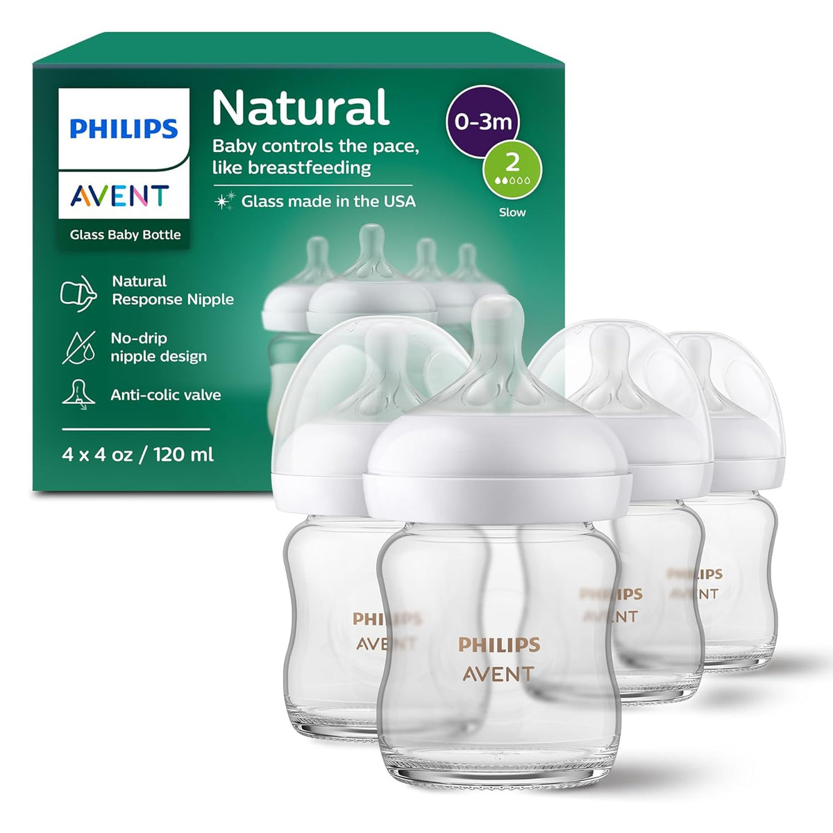 Philips Avent Natural Glass Baby Bottles, Slow Flow, 4 oz, BPA-Free, 4-Pack