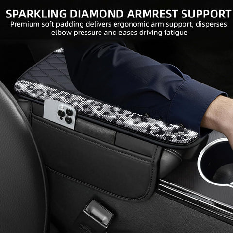 NBTEPEM Bling Snow Leopard Center Console Cover, Leather Car Arm Rest Cover Cushion with 2 Storage Bags, Middle Console Cover Universal Armrest Protector Pads, Cheetah Leopard Print Bling Accessories